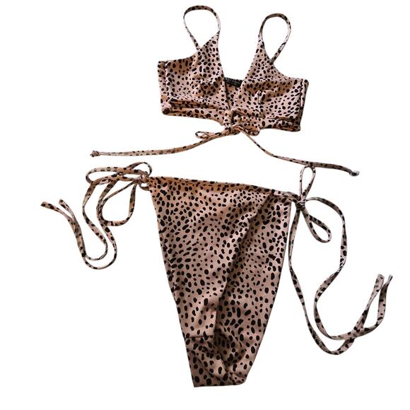 Nasty Gal 2pc Dalmatian Tie Bikini Womens Sz 6 Tan Black High Leg Cutout Front - Picture 11 of 16